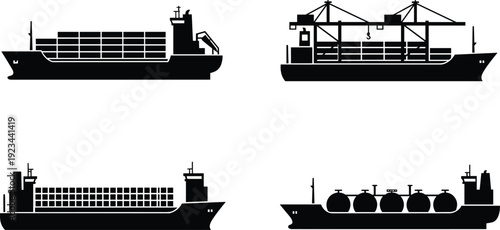 Cargo ship collection silhouette, container vessel, tanker ship, industrial maritime transport, global shipping logistics, freight transportation industry, commercial sea transport vessels