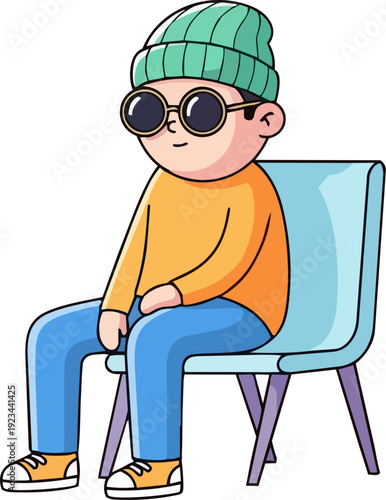 A cartoon boy wearing sunglasses and a beanie sits relaxed on a chair, viewed from the side in a simple illustration style.
