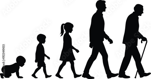 Human life stages silhouette illustration, baby child teenager adult and elderly man walking progression isolated on white background