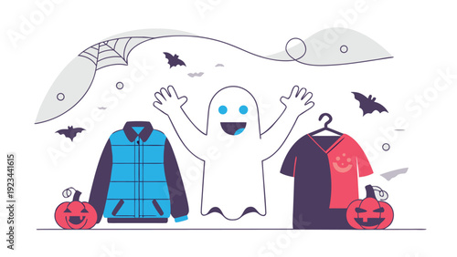 Cheerful ghost promoting a spooky sale for Halloween, standing between a jacket and a shirt with pumpkins.