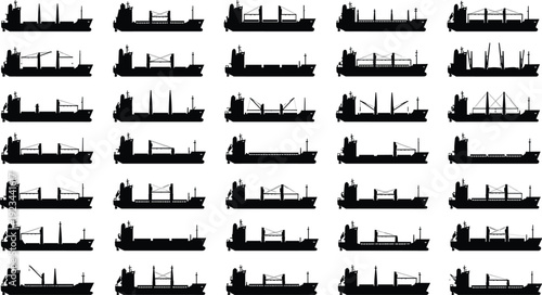 Cargo vessel silhouette collection, industrial shipping ships set, maritime freight transport vessels, commercial sea logistics operations, global trade industry, marine cargo transport 