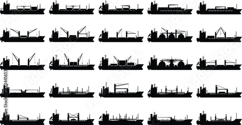 Cargo vessel silhouette collection, industrial shipping ships set, maritime freight transport, commercial sea logistics operations, global trade industry, marine cargo transport illustration isolated