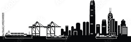 Container port city skyline silhouette, cargo ships and cranes, maritime shipping logistics, global trade transport, industrial harbor operations, urban waterfront industry illustration isolated