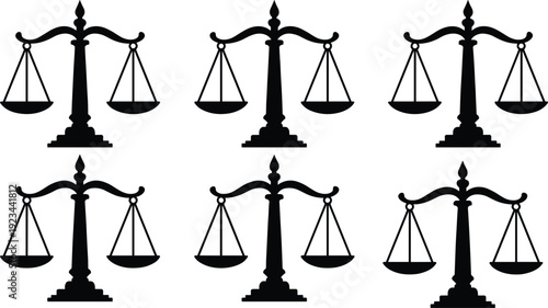 Justice scale silhouettes collection isolated on white background, law balance symbol vector illustration set for legal design