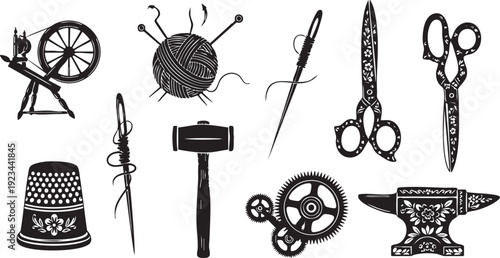 Various vintage tools and crafting in black and white sewing spinning wheel