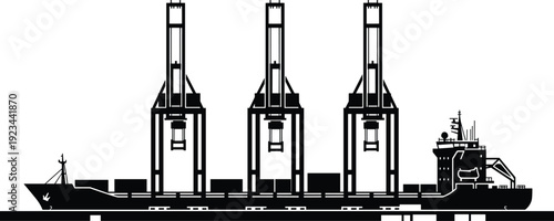 Container ship at port with gantry cranes silhouette, maritime cargo logistics, industrial harbor operations, global shipping trade, freight transport industry, sea cargo terminal illustration