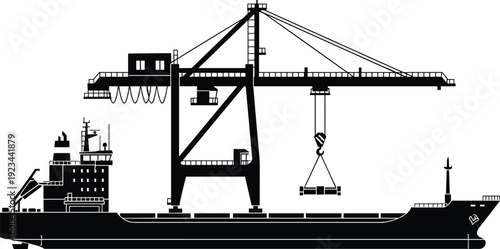 Industrial cargo ship with container crane silhouette, maritime shipping vessel, port logistics operations, freight transport concept, global trade industry, harbor loading equipment