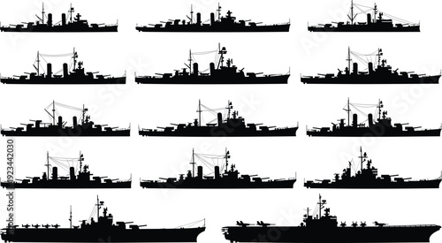 Naval warship silhouette collection, military fleet vessels set, aircraft carrier and battleship, maritime defense forces, navy combat operations, strategic sea power illustration