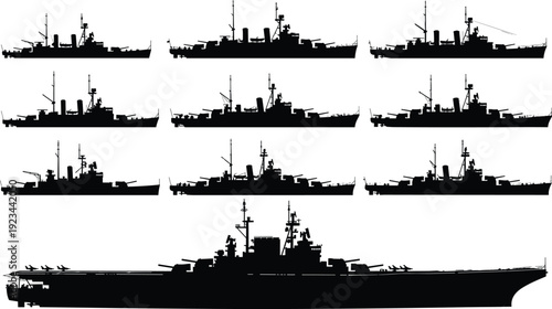 Naval warship silhouette collection, military fleet vessels set, battleship and aircraft carrier, maritime defense forces, navy combat operations, strategic sea power illustration