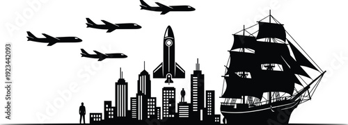 Transportation evolution silhouette, city skyline with rocket launch, airplane fleet and sailing ship, global travel transport concept, aviation maritime space exploration illustration isolated