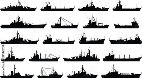 Naval warship silhouette collection, military fleet vessels set, maritime defense ships, navy combat operations, sea security forces, strategic naval power illustration isolated