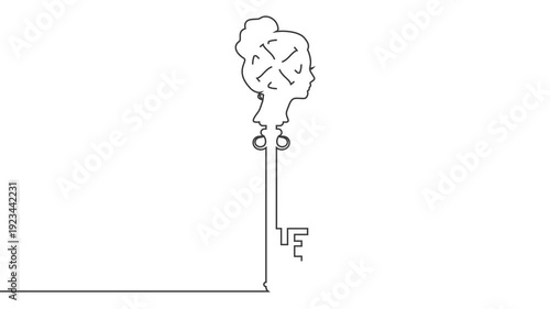 Wallpaper Mural Female head merges into a key. A human head shaped like a key. Problem solving, unlocking potential, innovation, and business intelligence and psychology concept. Continuous line drawing. Torontodigital.ca