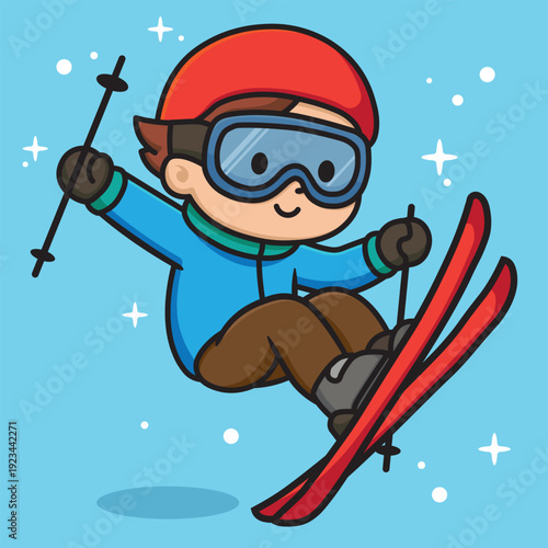 Flat cartoon vector illustration of a freestyle skier jumping on a blue background. freestyle sport icon concept
