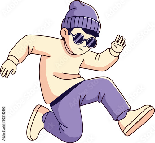 A young person is skateboarding down a street wearing casual clothes and sunglasses with a relaxed expression and dynamic movement