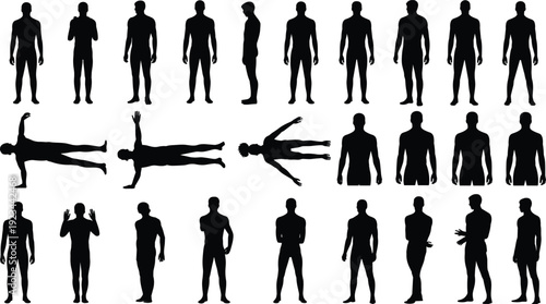 Male body silhouette collection standing walking poses front side back view isolated white background vector set
