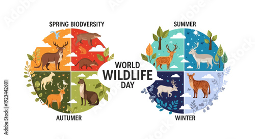Vector illustration of World Wildlife Day with seasonal sections showcasing biodiversity and various animals in their habitats on a white background with a mix of vibrant colors.