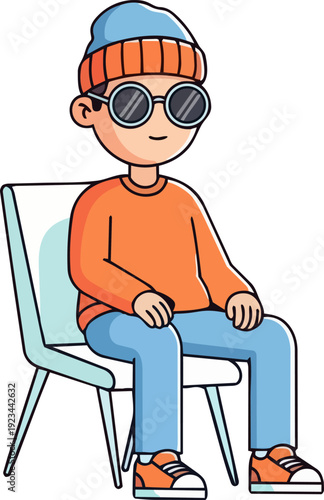 A boy sitting on a chair wearing sunglasses and a hat in a simple illustration style from a frontal viewpoint