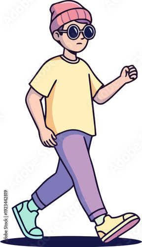A young person walking with a confident stride wearing casual clothes and accessories on a plain background.