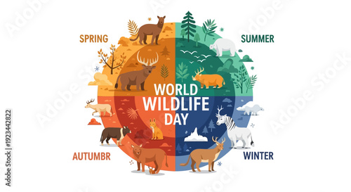 Colorful illustration of World Wildlife Day featuring various animals and seasons on a circular icon with a conservation theme.