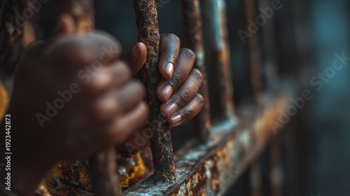 Hands gripping rusty bars closeup representing captivity and imprisonment concept