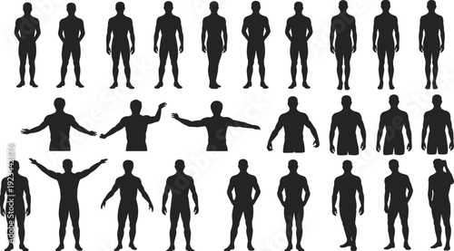 Male body silhouette set muscular men poses front side back view isolated white background vector collection