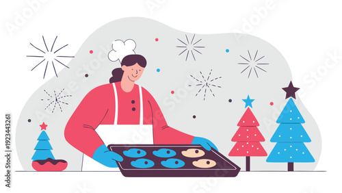 Female chef baking cookies and holding a tray in a festive kitchen decorated with Christmas trees and fireworks.