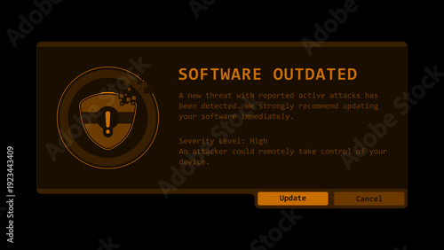 Software outdated security alert UI. Cybersecurity threat, system vulnerability, and malware warning concept with glitch shield icon. Vector.