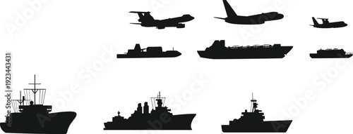 Military aircraft and naval ships silhouettes collection army transport plane warship fleet isolated white background vector