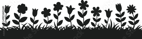 Black silhouette flower bed with various blooming flowers and grass white