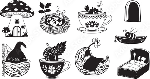 Whimsical black and white of fairy tale and nature mushroom house bird nest tea cup