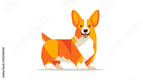 Charming Corgi dog illustration in vibrant geometric flat design. An adorable canine companion stands happily with orange, white, and brown fur, showcasing a joyful and playful spirit