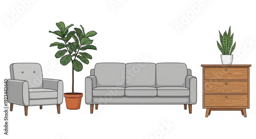 Modern Living Room Furniture Arrangement with Plants.