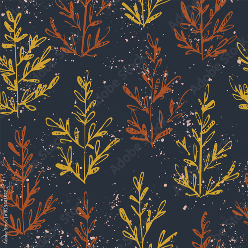 Hand drawn plants with leaves on textured background, forming a maximalist foliage design in colors of yellow and orange on dark blue and off white. Botanical seamless vector pattern. Wallpaper, etc