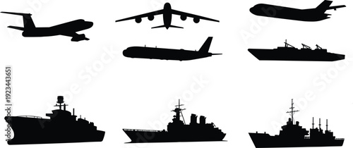 Military aircraft and naval warship silhouettes set army transport plane battleship destroyer isolated white background vector