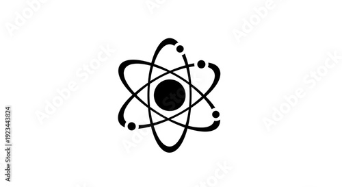 Black atom symbol with electrons orbiting.