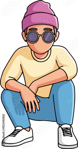 A young man crouches relaxed wearing casual clothing and accessories, sitting on the floor with a friendly demeanor and modern style.