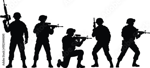 Military soldier silhouettes collection, armed army forces in combat poses with rifles isolated on white background illustration