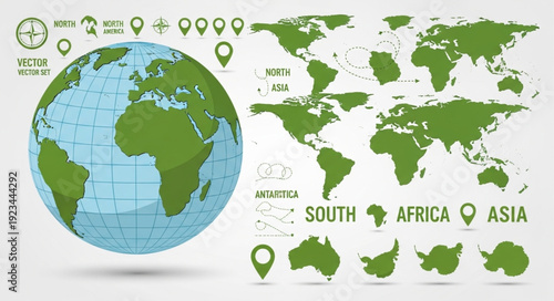 World Map Globe and Continents Illustration.