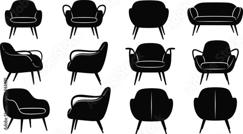 Modern armchair silhouettes collection, various lounge chair designs in multiple views, black and white furniture vector illustration set