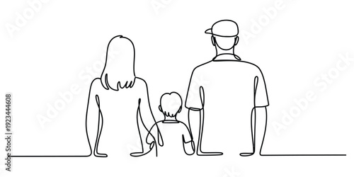 Continuous line drawing of a family with a mother father and child seen from behind