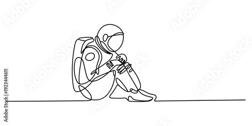 Single line drawing of a lonely astronaut sitting on the ground in a spacesuit on white background.