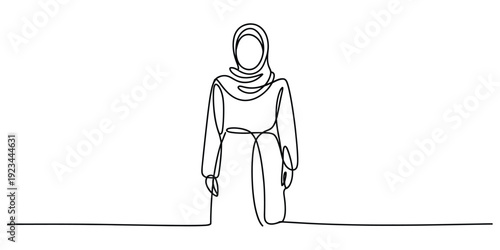 Single line drawing of a young woman wearing a traditional hijab and a long modest dress.