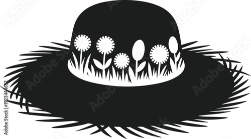 Black silhouette Easter bonnet vector with floral grass design