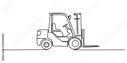Single continuous line drawing of an industrial forklift for warehouse logistics and storage operations