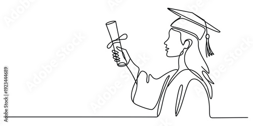 Continuous line drawing of a female student wearing a graduation cap and gown holding a diploma