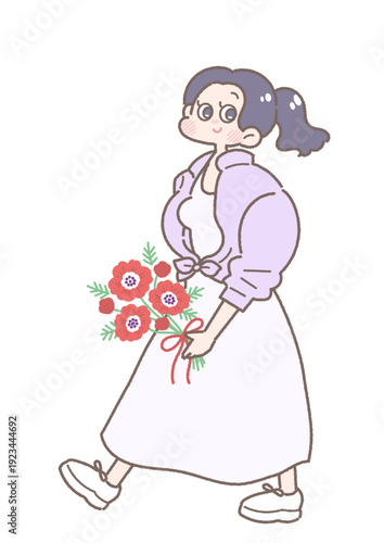 赤いアネモネのブーケを持った笑顔の女の子のイラスト