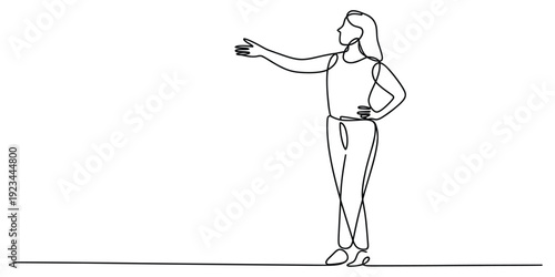 Continuous line drawing of a woman standing and gesturing with one arm extended forward