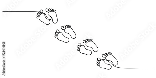 Continuous line drawing of baby footprints walking in a diagonal path on a white background
