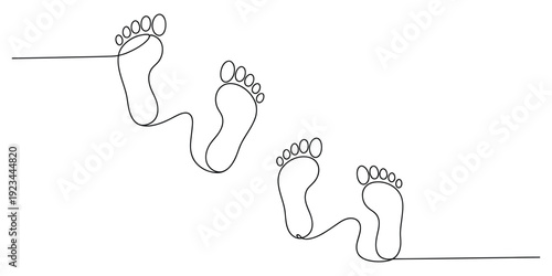 Continuous line drawing of human footprints walking across a white background