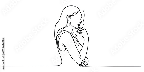 Continuous line drawing of a thoughtful young woman in a minimalist artistic style on white background